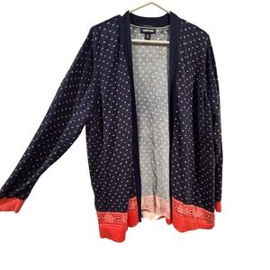 Lands End Cardigan Women 2X Blue Red Polka Dot Bandana Trim Cotton Preppy Light‎